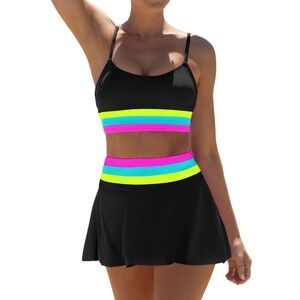 NWT Popvil Neon 3pc Bikini Set High Waist Tummy Control Skirt Black Pink Large